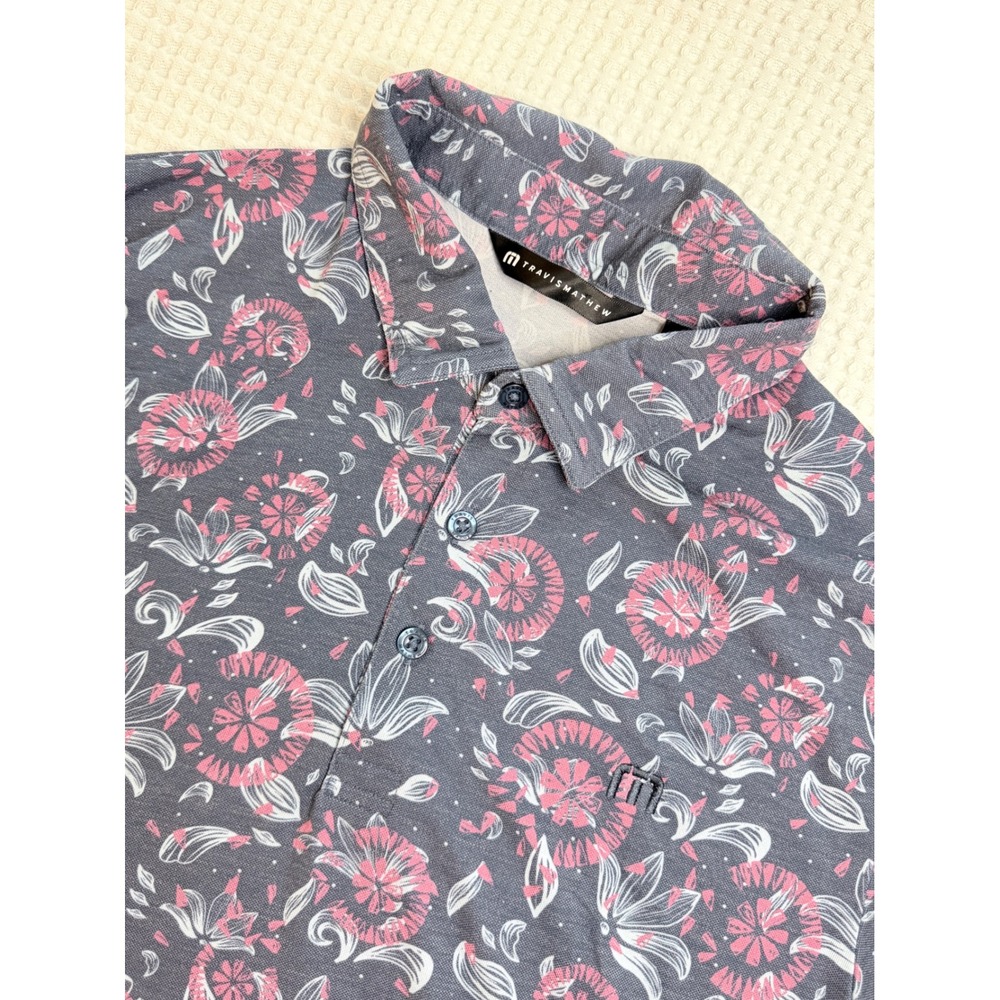 TravisMathew Polo Shirt Mens M Gray Pink Floral Print Short Sleeve Golf Tee